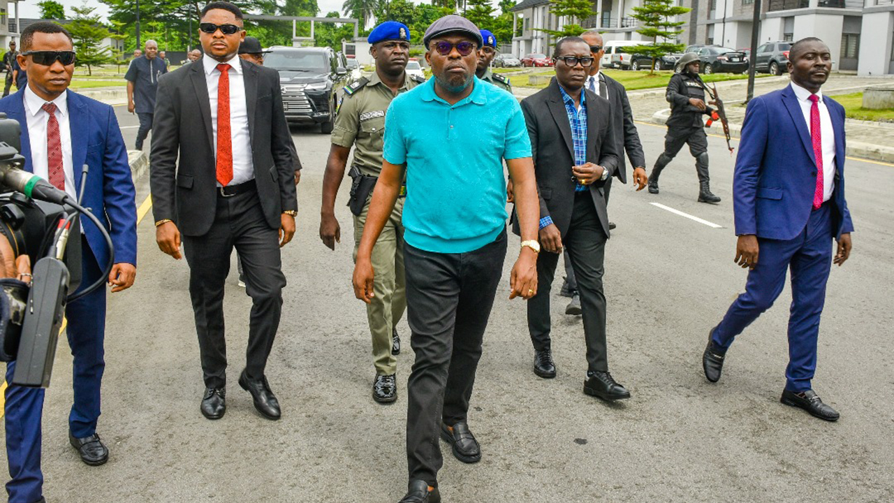 Rivers State Governor, Sir Siminalayi Fubara (middle) taking a walk during the visit to the State House of Assembly Quarters in Port Harcourt on Thursday