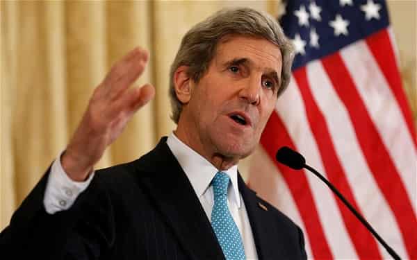 U.S. Secretary of State John Kerry speaks about the Ukraine crisis after his meetings with other foreign ministers in Paris
