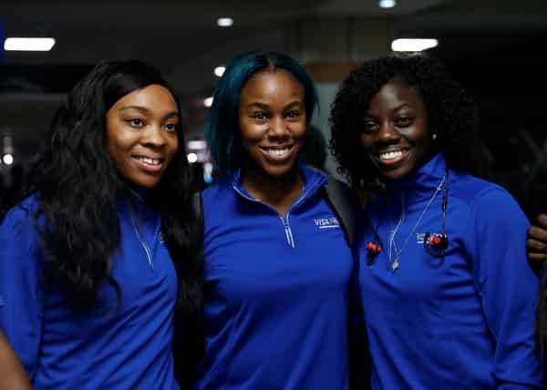 Nigerian Women’s Bobsled Team Ngozi Onwumere, Akuoma Omeoga and Seun Adigun pose upon their arrival in Lagos