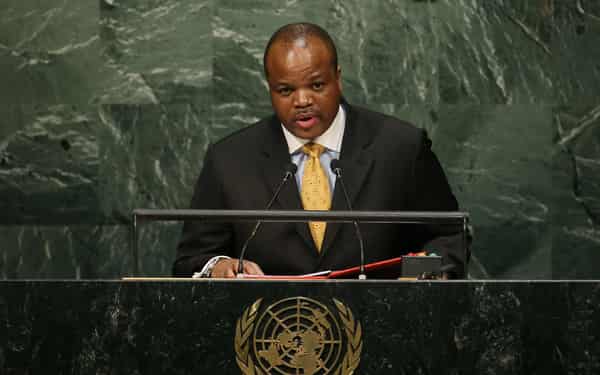 King Mswati III of Swaziland addresses attendees during the 70th session of the United Nations General Assembly at the U.N. headquarters in New York