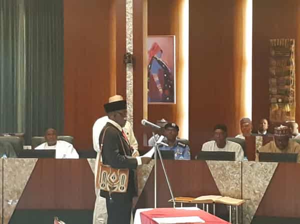 Buhari swearing in new CJN Tanko Ibrahim Muhammad in Abuja