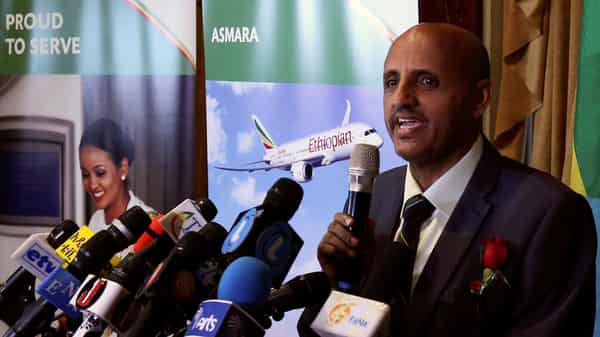 FILE PHOTO: Ethiopian Airlines Chief Executive Officer Tewolde Gebremariam speaks during the ceremony as they resume flights to Eritrea’s capital Asmara at the Bole international airport in Addis Ababa