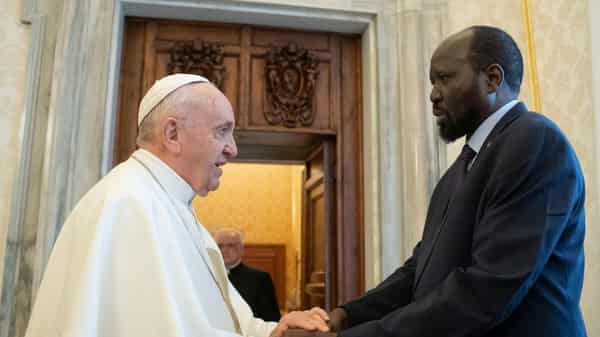 Pope Francis attends an audience with the President of South Sudan Salva Kiir at the Vatican