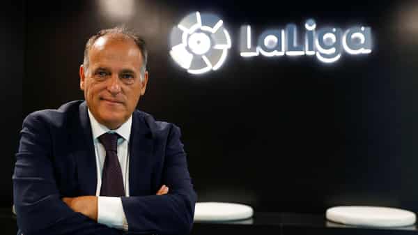 La Liga President Javier Tebas poses during an interview with Reuters at the La Liga headquarters in Madrid