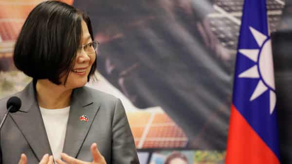 Taiwan’s President Tsai Ing-wen gestures during a news conference at the National Palace during her one-day visit to Haiti, in Port-au-Prince