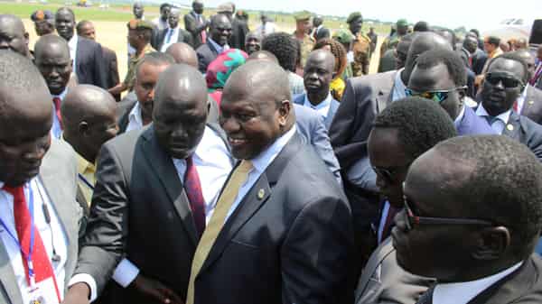 South Sudan’s ex-vice president and former rebel leader Riek Machar arrives to Juba to meet South Sudanese President Salva Kiir, at the Juba International Airport in Juba