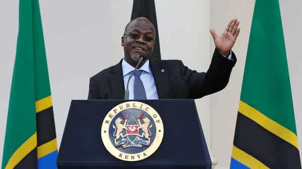 Tanzania’s President Magufuli addresses a news conference during his official visit to Nairobi