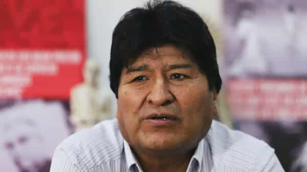Former Bolivian President Evo Morales looks on during a visit to a group of Argentinian priests called “Curas en la Opcion por los Pobres” and the Bolivian community in Buenos Aires
