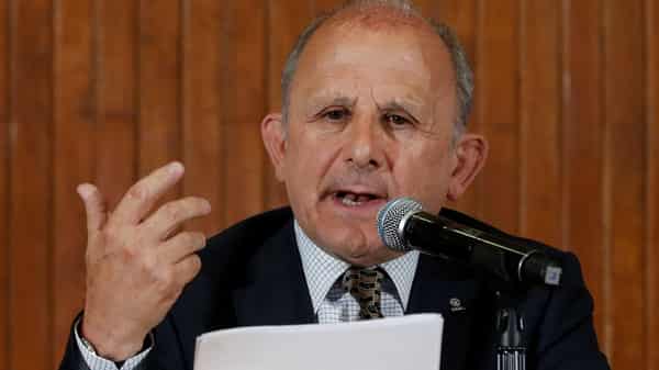 Diego Prieto, director of the Institute of Anthropology and History (INAH) speaks to the media during a news conference about new Aztec discoveries including the main temple of the wind god Ehecatl, a major deity, as well as an adjacent ritual ball court,