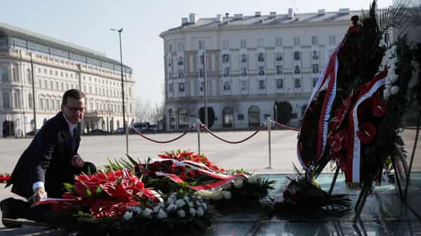 Poland’s Prime Minister Mateusz Morawiecki lays a wreath on the monument to the victims of the Smolensk air disaster