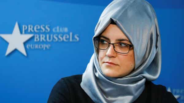 Cengiz, the fiancee of murdered journalist Jamal Khashoggi, attends a news conference in Brussels