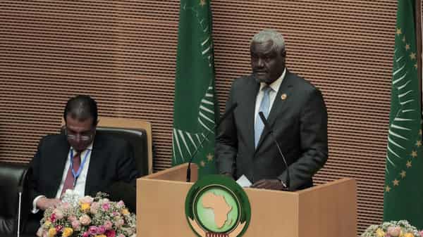 African Union Commission Chairperson Moussa Faki Mahamat addresses the opening of the 33rd Ordinary Session of the Assembly of the Heads of State and the Government of the African Union (AU) in Addis Ababa