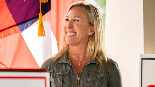 FILE PHOTO: Marjorie Taylor Greene is seen at a news conference in Dallas