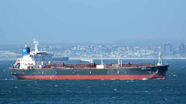 FILE PHOTO: The Mercer Street, a Japanese-owned Liberian-flagged tanker managed by Israeli-owned Zodiac Maritime that was attacked off Oman coast as seen in Cape Town