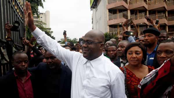 Felix Tshisekedi, leader of the Congolese main opposition party, the Union for Democracy and Social Progress who was announced as the winner of the presidential elections gestures to his supporters in Kinshasa
