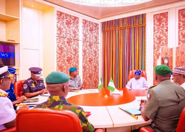 Tinubu meets Service Chiefs and National Security Adviser Nuhu Ribadu at the State House on Monday, July 3, 2023