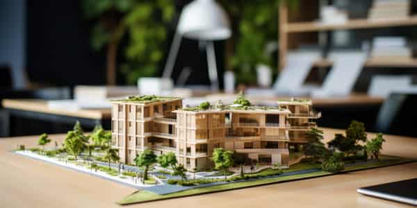 scale model of modern eco friendly apartment building complex in architect office. sustainable housing development. generative AI