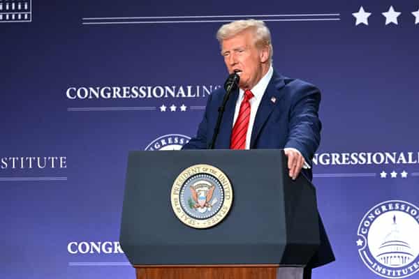 President Donald Trump delivers remarks at the House Republican Members Conference Dinner