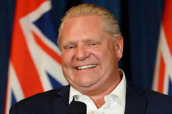 Progressive Conservative party leader Doug Ford appears at a campaign rally in Oshawa,