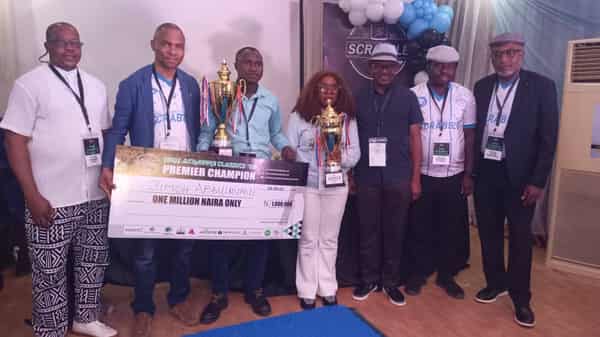 Lekki Scrabble Classics Winners Abdulmumin Jimoh, Bukunmi Afolayan presented with prize-money, trophies by LSC President Samuel Anikoh, NSF President Toke Aka