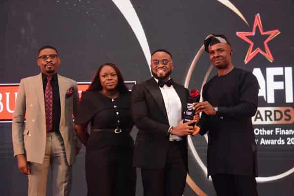 The image shows an awards ceremony for the BusinessDay Banks and Other Financial Institutions (BAFI) Awards. The event, which takes place in Lagos, Nigeria, recognizes and celebrates companies in the financial sector.
