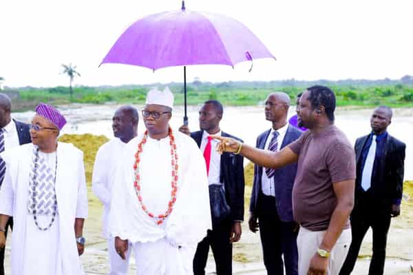 The image shows Iba Gani Adams, the Aare Onakakanfo of Yorubaland, during a visit to a real estate development site.