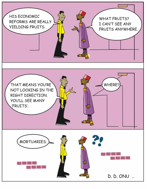 This is a political cartoon by D. D. Onu, a cartoonist for The Guardian Nigeria.