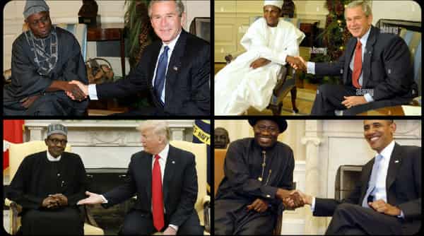 A photo grid of past Nigerian presidents meeting with US-Presidents. Photo: @ADCVanguard X