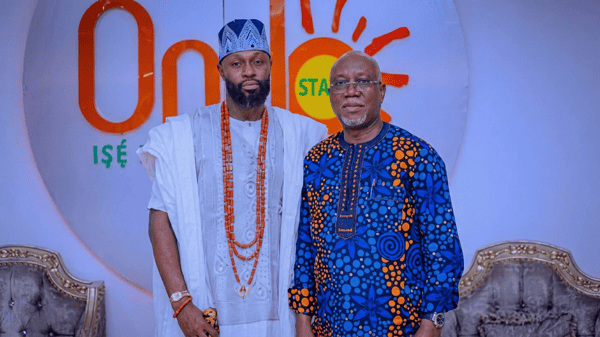 Balogun of Ikareland, Chief Abdul Tunji Mohamed (left) with Governor Lucky Aiyedatiwa during the visit.