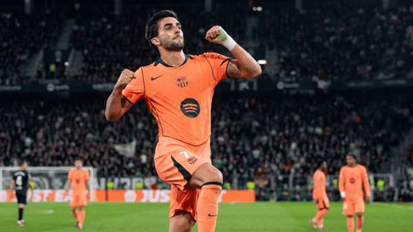 Barcelona’s Spanish forward Ferran Torres celebrates after scoring a hat-trick against Real Betis in La Liga © CRISTINA QUICLER / AFP