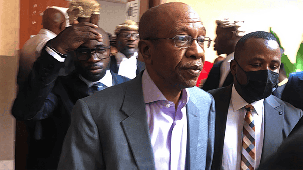 Former Governor of Central Bank of Nigeria (CBN), Godwin Emefiele, during his appearance over the alleged abuse of office at Ikeja High Court in Lagos