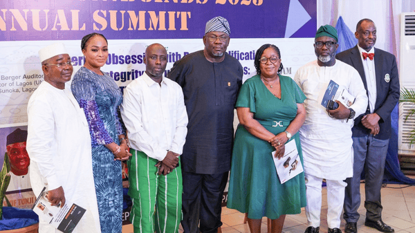 Registrar, National Examinations Council, Prof Dantani Wushishi (left); Director, Corporate Communications, Nigeria Education Loan Fund, Mrs. Oseyemi Oluwatuyi; EWAN Chairman, Mr. Mojeed Alabi; Chairman of the occasion, Olawunmi Gasper; Senior Deputy Registrar, Test Development, West African Examinations Council, Mrs Rosemary Ojo-Odide; National President, National Association of Proprietors of Private Schools; Chief Yomi Otubela, and Deputy Vice-Chancellor (Development Services), Prof. Foluso Lesi, at the EWAN 2025 summit.