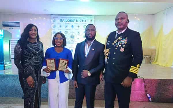 City University Cambodia MSc recipient, Margret Oniye (left); The Guardian Adaku Onyenucheya; Secretary General, Merchant Seafarers Association of Nigeria and USA, Prof Alfred Oniye; and Provost of the association, Captain Samson Iwori after receiving the maritime media and journalist awards at the Sailors and Awards night held in Apapa.