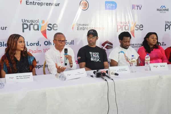 Vice Chairman, Unusual Praise (UP), Mrs Tina Oruche; Convener, UP,  Monsignor Pascal Nwaezeapu; Chairman, UP, Mr Ikem Umezuoke; Music Ministers BJ Sax at the Unusual Praise press briefing.