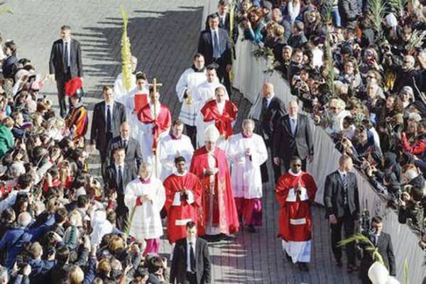 Pope Francis arrives to lead the Palm Sunday mass at Saint Peter’s Square at the Vatican