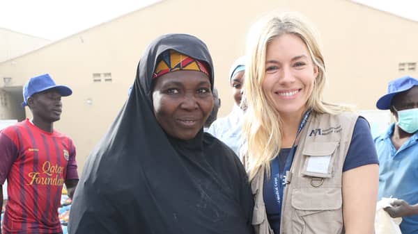 Sienna Miller International Medical Corps Global Ambassador, meets with a woman displaced by the Boko Haram insurgency in northeast Nigeria’s hard-hit Borno State