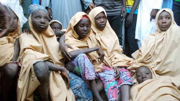 Some of the newly-released Dapchi schoolgirls are pictured in Jumbam village