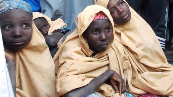 Some of the newly-released Dapchi schoolgirls are pictured in Jumbam village