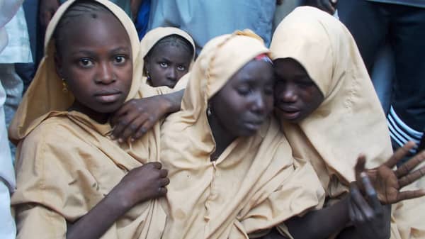 Some of the newly-released Dapchi schoolgirls are pictured in Jumbam village
