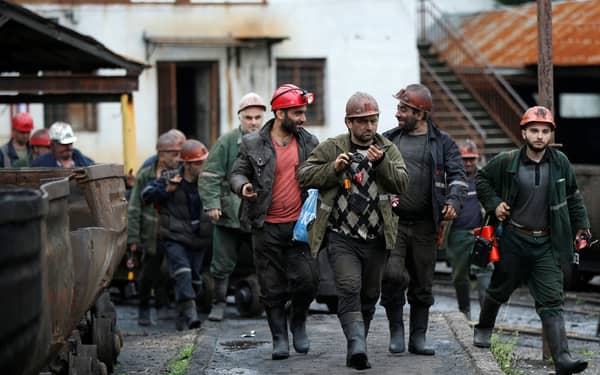 Miners leave the Mindeli coal mine after their shift in Tkibuli