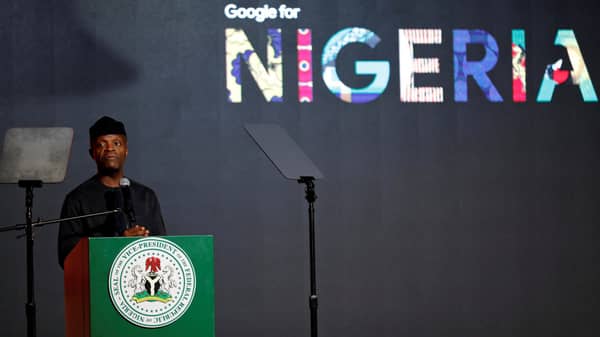 Nigeria’s Vice-President Yemi Osinbajo speaks at the launch of Google free wifi project in Lagos