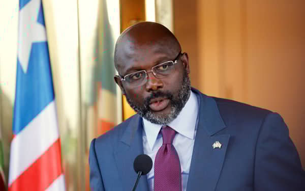 Liberia’s President George Weah speaks during a news conference at Presidential palace in Abidjan