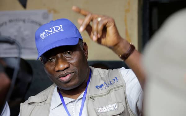 Former Nigeria President Goodluck Jonathan speaks to the media in Monrovia
