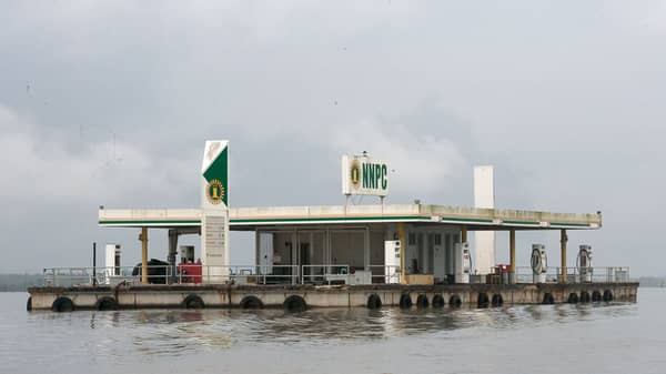 A floating fuel filling station belonging to Nigeria’s state oil firm Nigerian National Petroleum Corporation sits idle on a river in the oil rich southeastern Delta state
