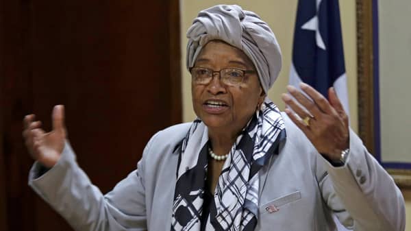 Liberia’s President Ellen Johnson Sirleaf speaks during a news conference at the Presidential Palace in Monrovia