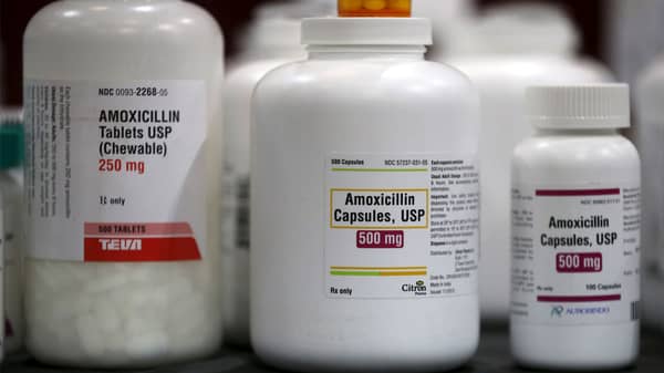 Amoxicillin penicillin antibiotics are seen in the pharmacy at a free medical and dental health clinic in Los Angeles
