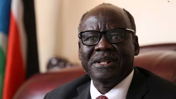 Lam Akol, South Sudan’s head of the opposition Democratic Change group, addresses a news conference in his office in Ethiopia’s capital Addis Ababa
