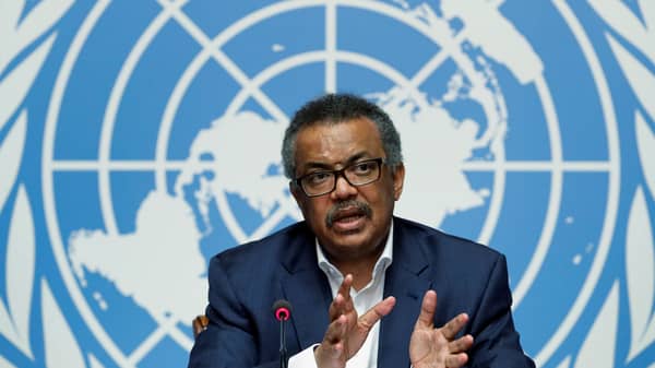 Director-General of the WHO Tedros Adhanom attends a news conference in Geneva
