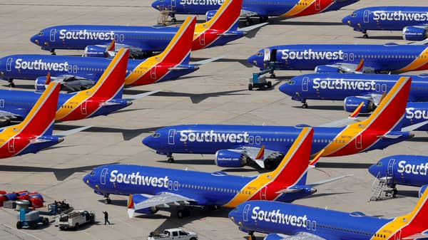 FILE PHOTO: A number of grounded Southwest Airlines Boeing 737 MAX 8 aircraft are shown parked at Victorville Airport in Victorville, California
