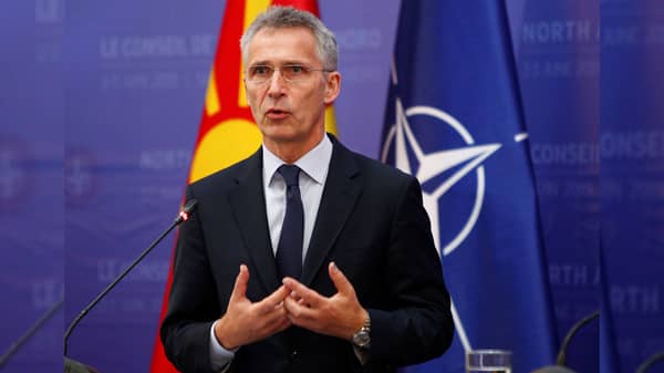 NATO Secretary-General Jens Stoltenberg speaks during a press conference with Macedonian Prime Minister Zoran Zaev in Skopje